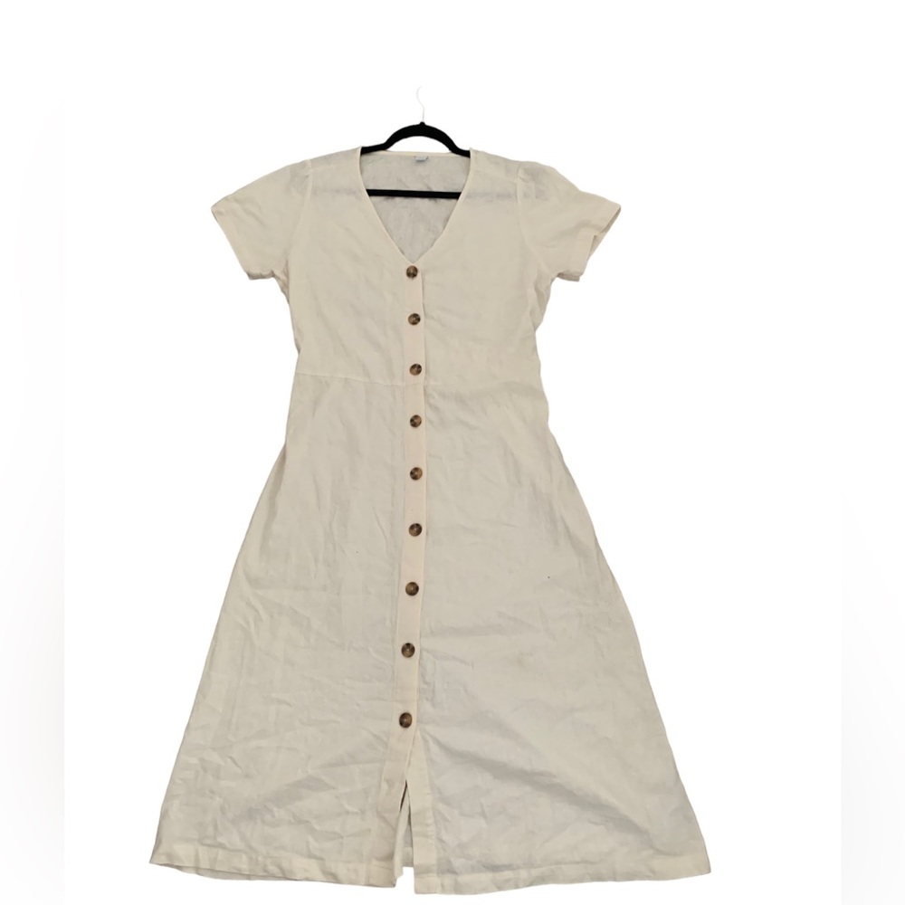 Off white V-Neck Button-Front Linen-Blend Fit & Flare